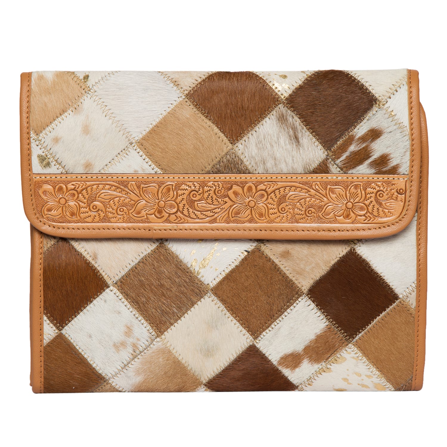 Gympie Saddleworld & Country Clothing Gifts - Homewares Tan/White Patchwork Cowhide & Leather Makeup Bag