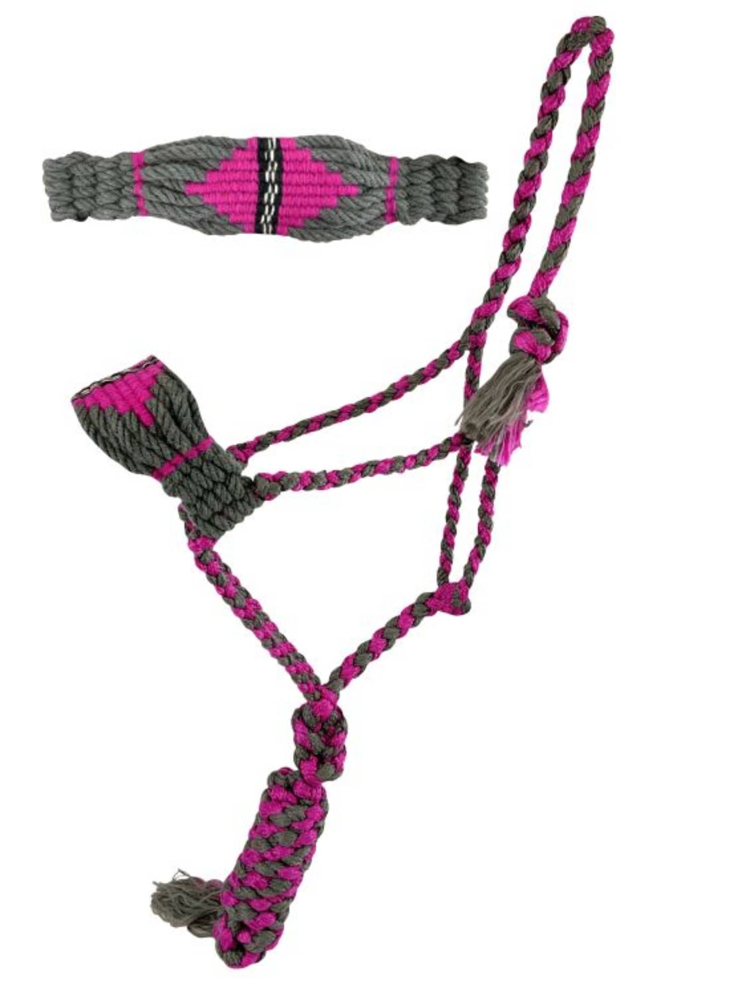 Gympie Saddleworld & Country Clothing Halters Pink/Grey Showman Halter & Lead Set Nylon Mule Tape with Mohair Noseband