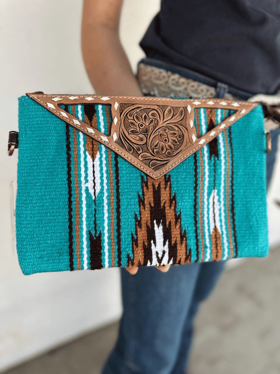 Gympie Saddleworld & Country Clothing Handbags & Wallets Brown Turquoise Navajo Clutch with Tooled Leather Large