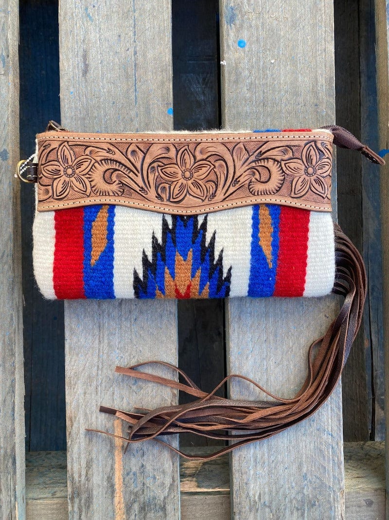 Gympie Saddleworld & Country Clothing Handbags & Wallets Brown White Navajo Blanket Clutch with Tooled Leather