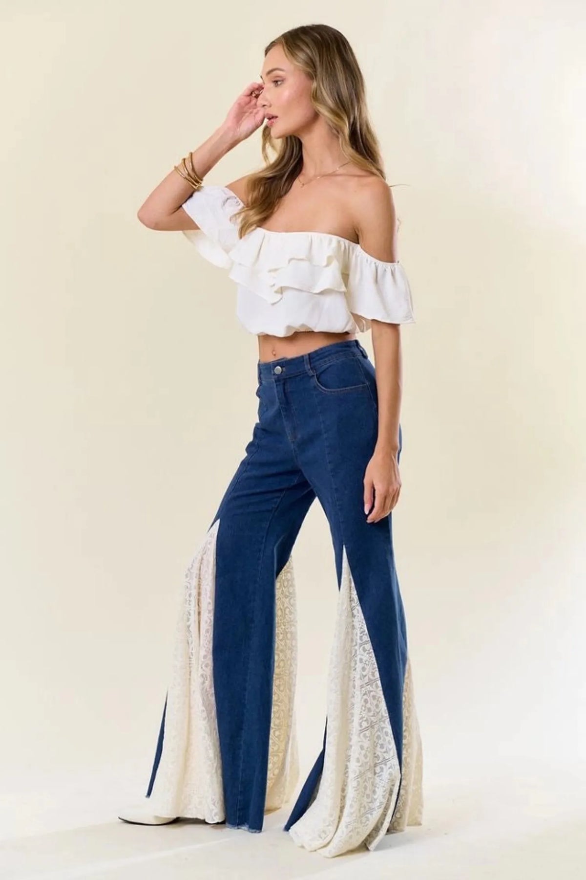 Gympie Saddleworld & Country Clothing Womens Jeans Denim Bell Bottom Jeans with Lace Insert