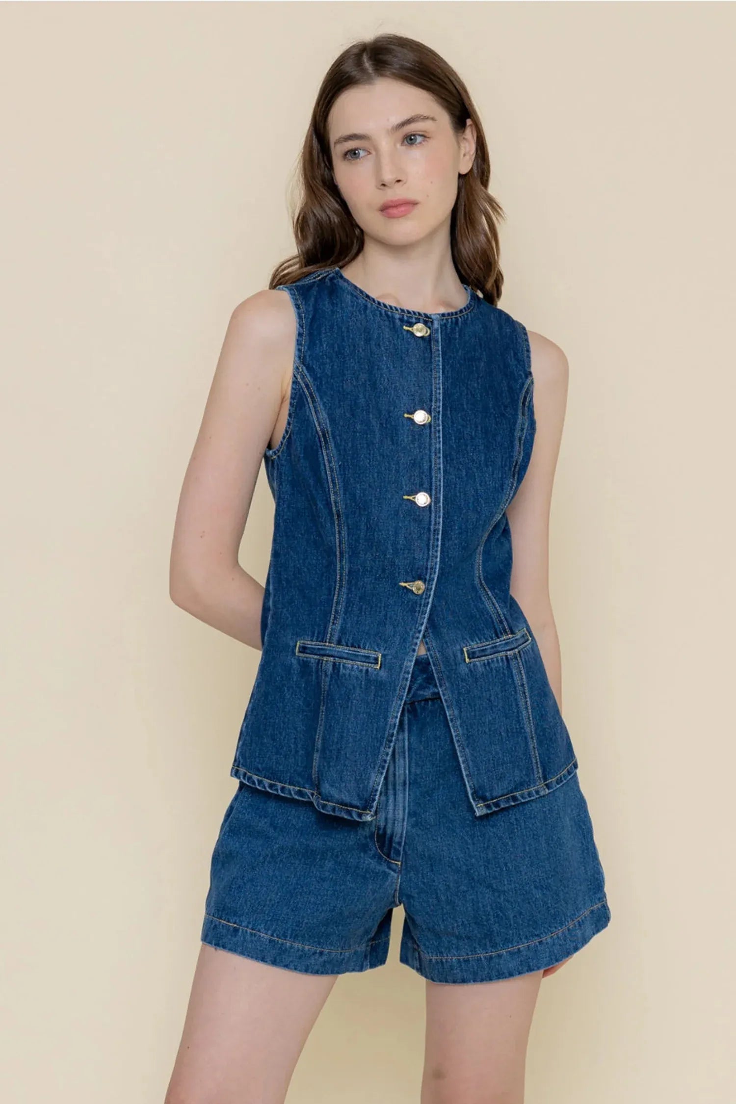 Gympie Saddleworld & Country Clothing Womens Shirts S / Dark Denim Vest Top Womens Denim Retro Contrast
