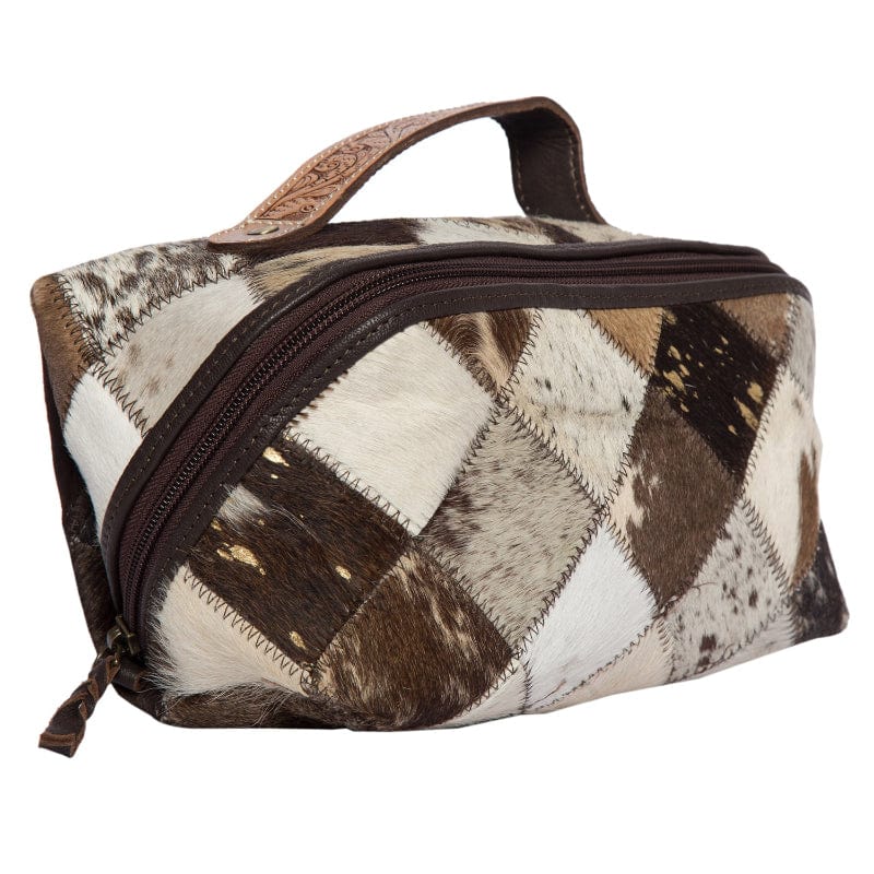 Gympie Saddleworld Gifts & Homewares Dark Brown/White Patchwork Cowhide & Leather Tooling Cosmetic Case