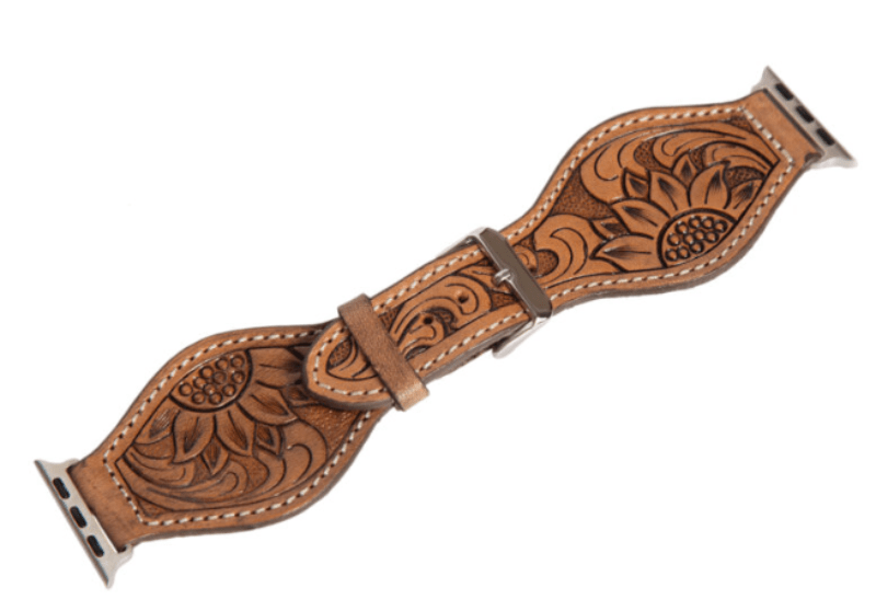 Gympie Saddleworld Gifts & Homewares L 42/44/45mm / Dark Brown Leather Tooled Apple Watch Straps Rounded