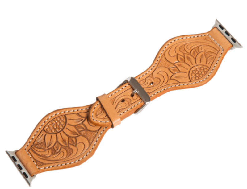 Gympie Saddleworld Gifts & Homewares L 42/44/45mm / Tan Leather Tooled Apple Watch Straps Rounded