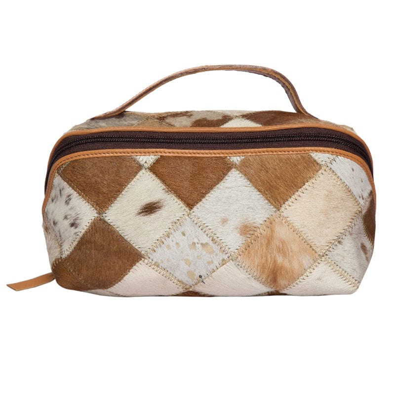 Gympie Saddleworld Gifts & Homewares Tan/White Patchwork Cowhide & Leather Tooling Cosmetic Case