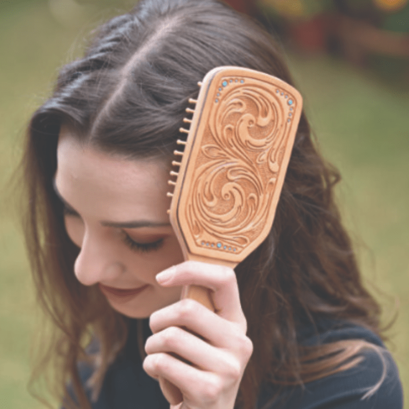 Gympie Saddleworld Hair Accessories Tan Leather Tooled Hair Brush