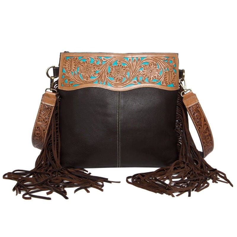 Gympie Saddleworld Handbags & Wallets Brown Leather Tooled Medium Handbag with Fringes (TLB16)