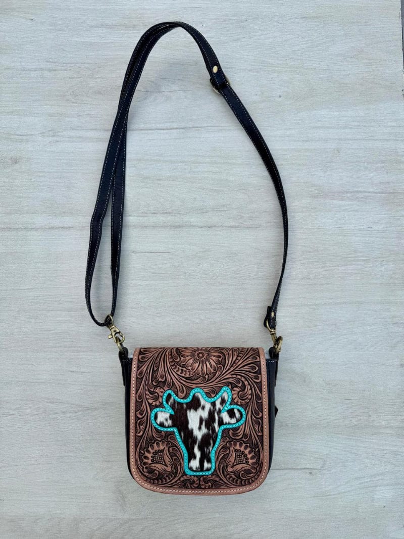 Gympie Saddleworld Handbags & Wallets Brown Leather Tooled Sling Handbag with Bullhead