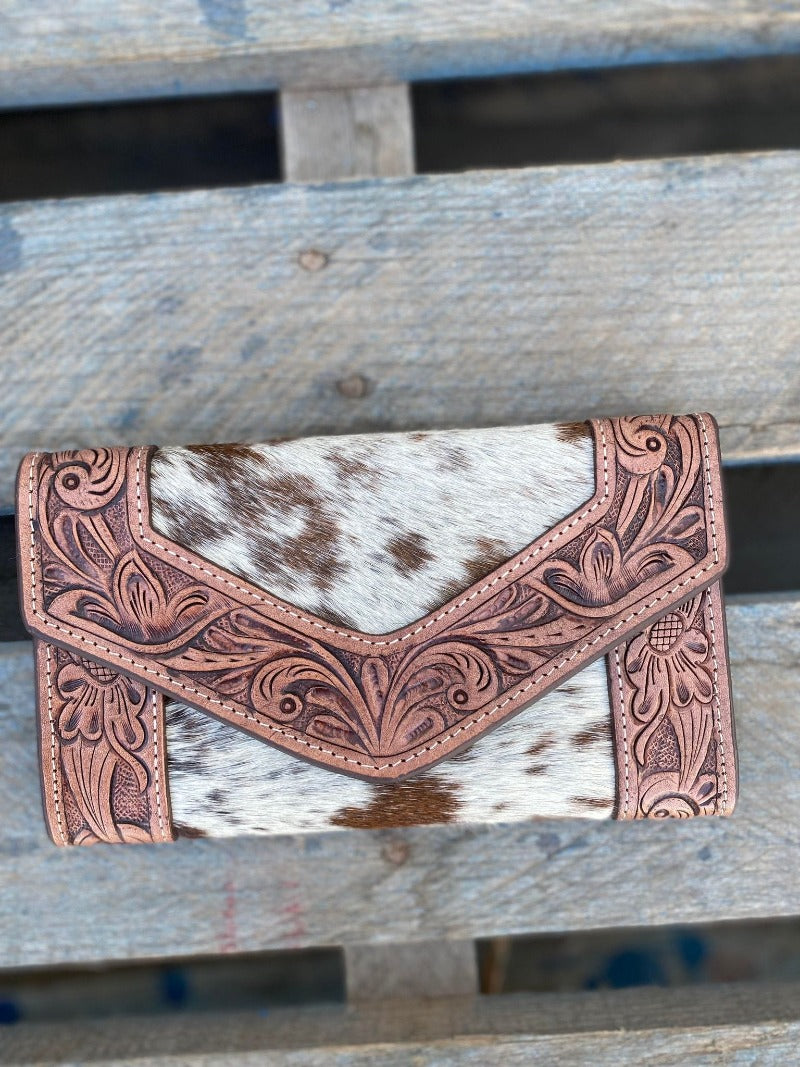 Gympie Saddleworld Handbags & Wallets Brown/White Trifold Cowhide &Tooled Leather Wallet (AW26)