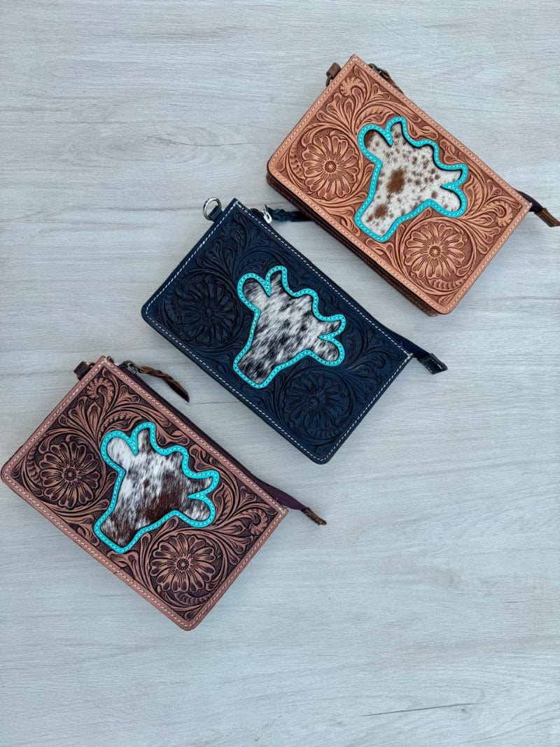 Gympie Saddleworld Handbags & Wallets Dark Brown Leather Tooled Clutch with Bullhead