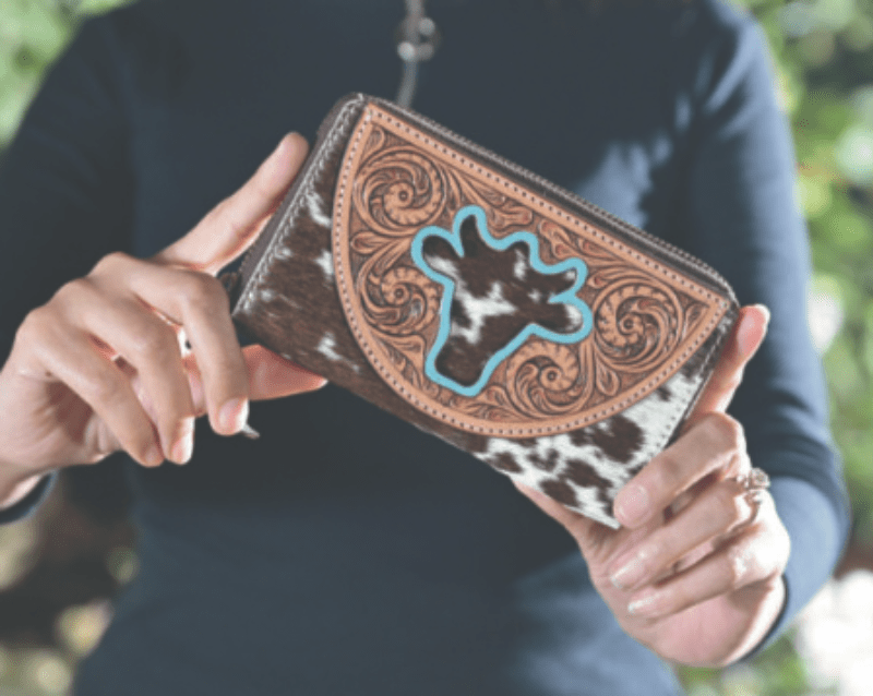 Gympie Saddleworld Handbags & Wallets S / Dark Brown/White Cowhide & Tooling Wallet with Bullhead