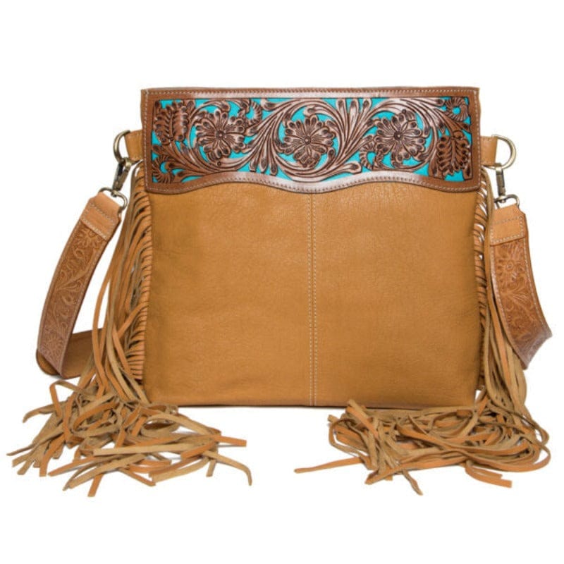 Gympie Saddleworld Handbags & Wallets Tan Leather Tooled Medium Handbag with Fringes (TLB16)
