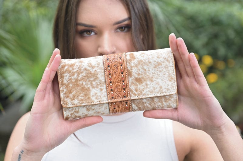 Gympie Saddleworld Handbags - Wallets Tan Trifold Wallet Cowhide Hand Painted Tooling