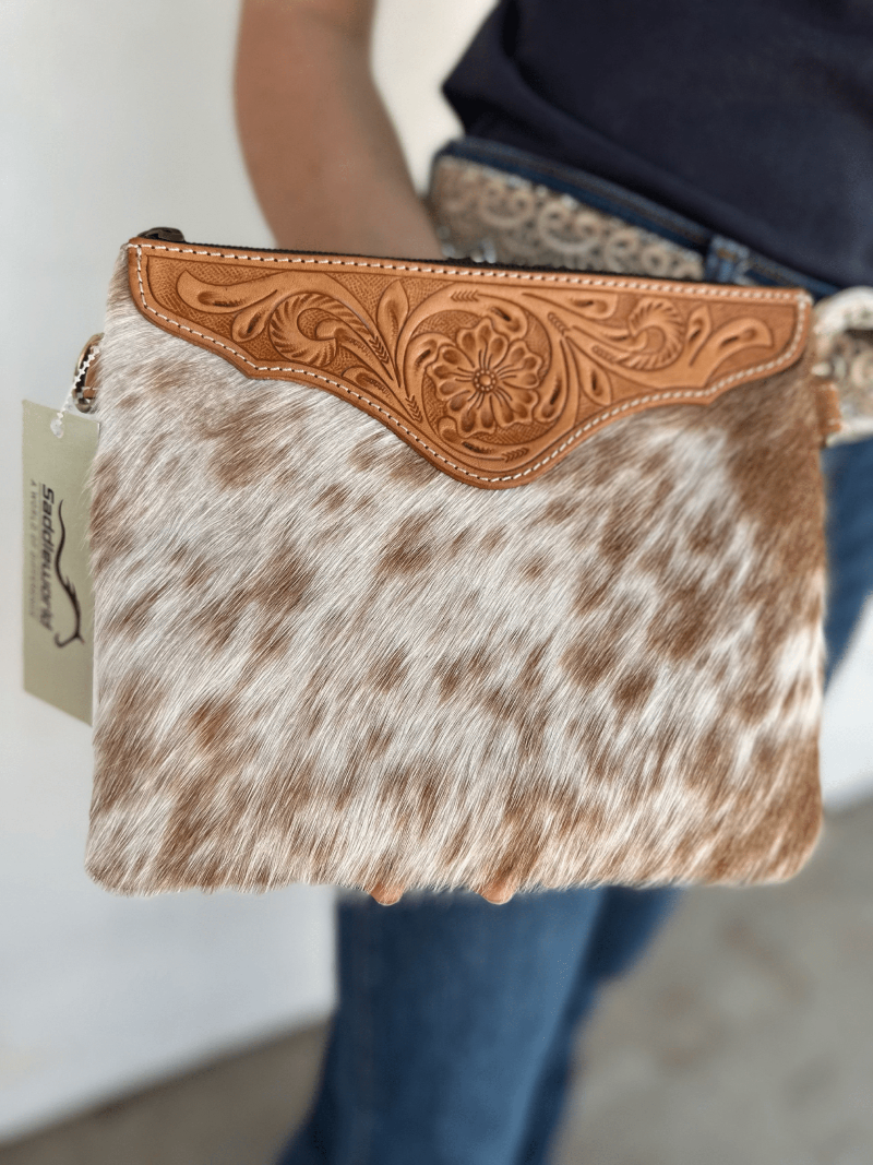 Gympie Saddleworld Handbags & Wallets Tan/White Costa Rica Tooling Leather Clutch Bag (AB07)