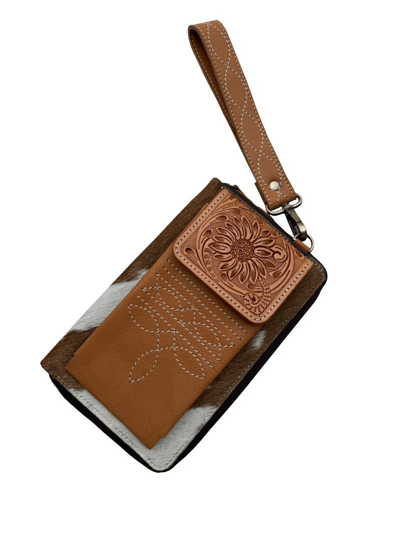 Gympie Saddleworld Handbags - Wallets Tan/White Cowhide & Boot Stitch Clutch