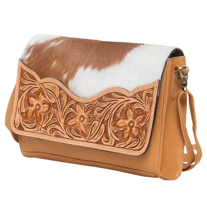 Gympie Saddleworld Handbags - Wallets Tan/White Cowhide Handbag with Tooled Leather