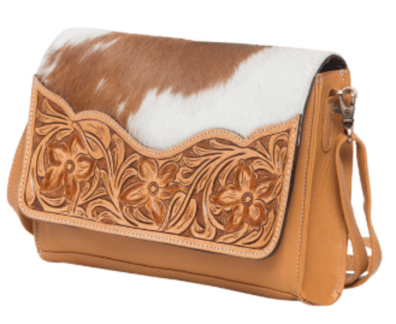 Gympie Saddleworld Handbags & Wallets Tan/White Cowhide Handbag with Tooled Leather