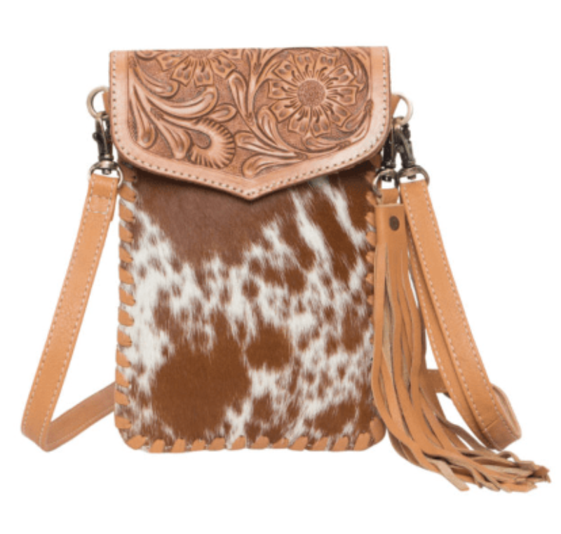 Gympie Saddleworld Handbags & Wallets Tan/White Cowhide Phone Wallet with Tassel