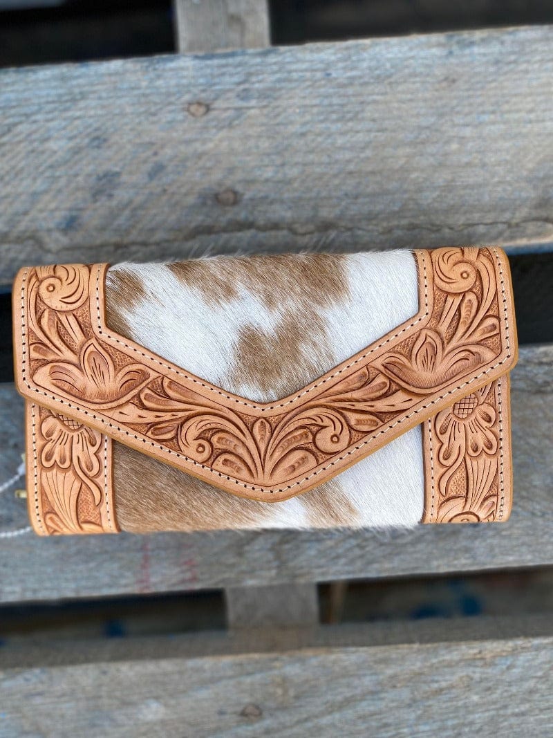 Gympie Saddleworld Handbags & Wallets Tan/White Trifold Cowhide &Tooled Leather Wallet (AW26)