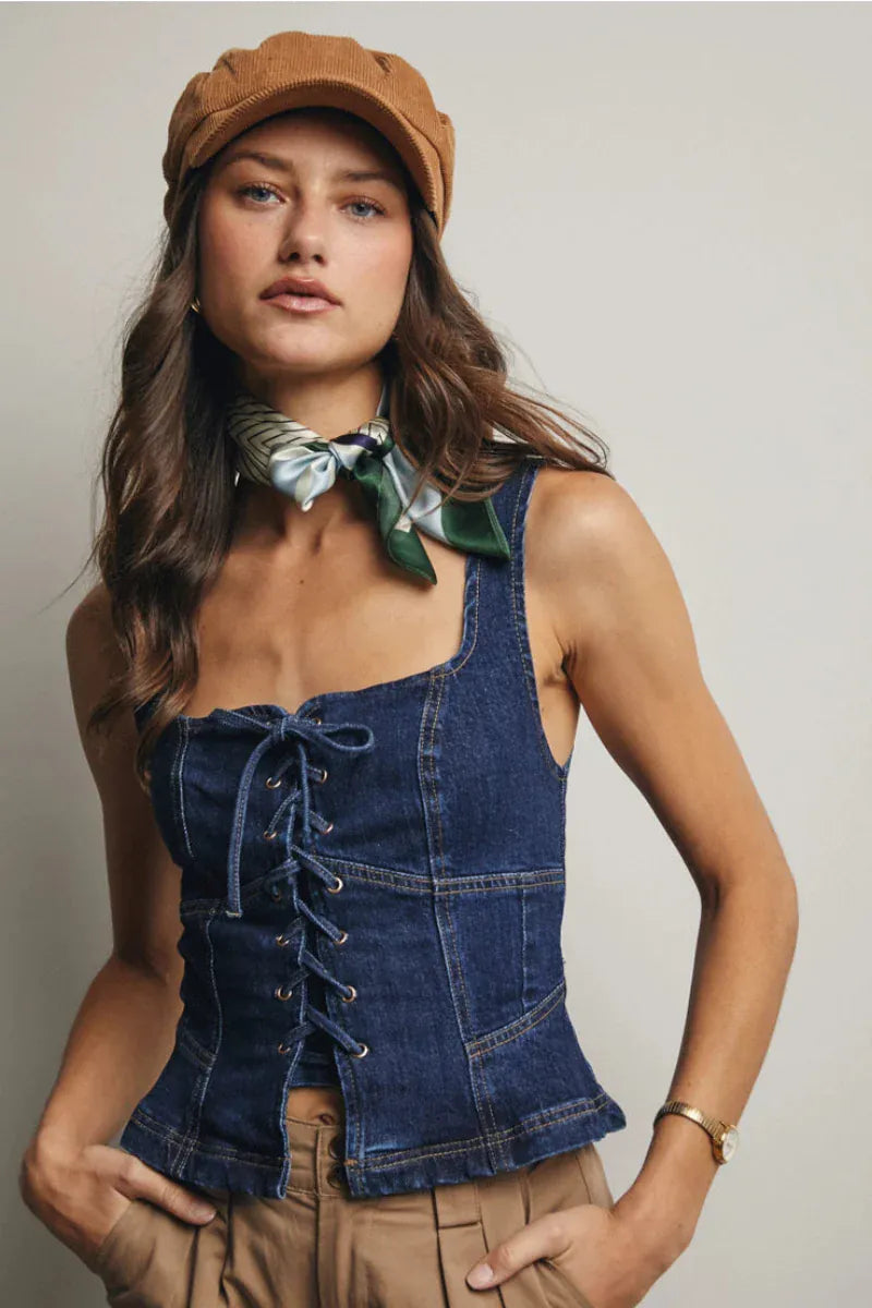 Gympie Saddleworld Womens Shirts S / Dark Stonewash Denim Lace Up Top Womens Corset