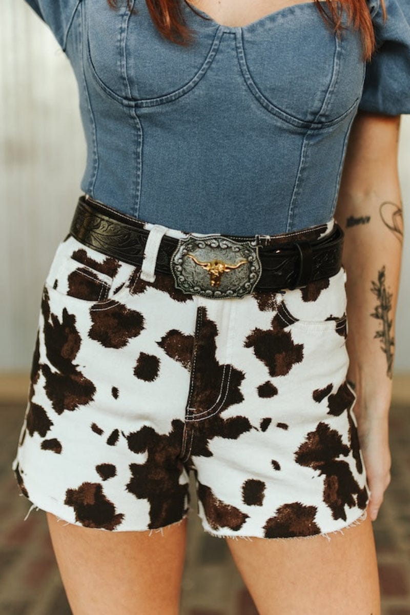 Gympie Saddleworld Womens Shorts- Skirts - Dresses 02 / Brown/White Western Shorts Womens Cowhide High Rise