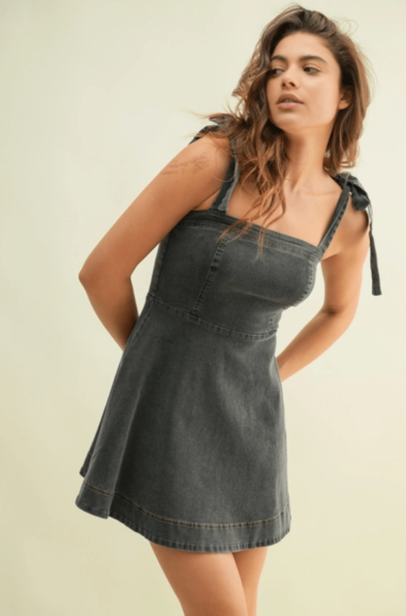 Gympie Saddleworld Womens Shorts, Skirts & Dresses S / Black Acid Wash Denim Mini Dress Womens with Adjustable Straps