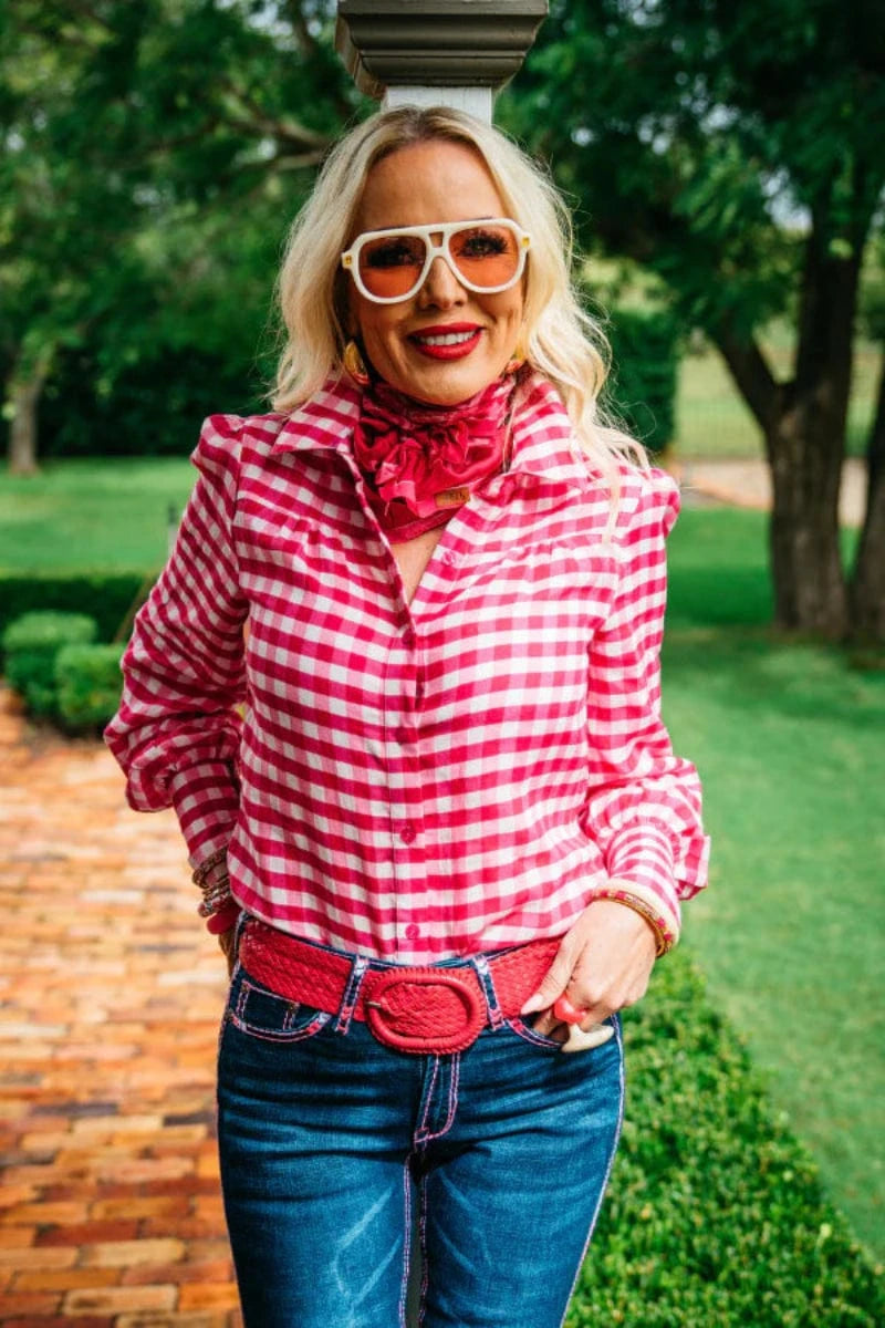 Hitchley and Harrow Womens Shirts XS / Hot Pink Gingham Hitchley & Harrow Shirt Womens Linen Gathered Sleeve