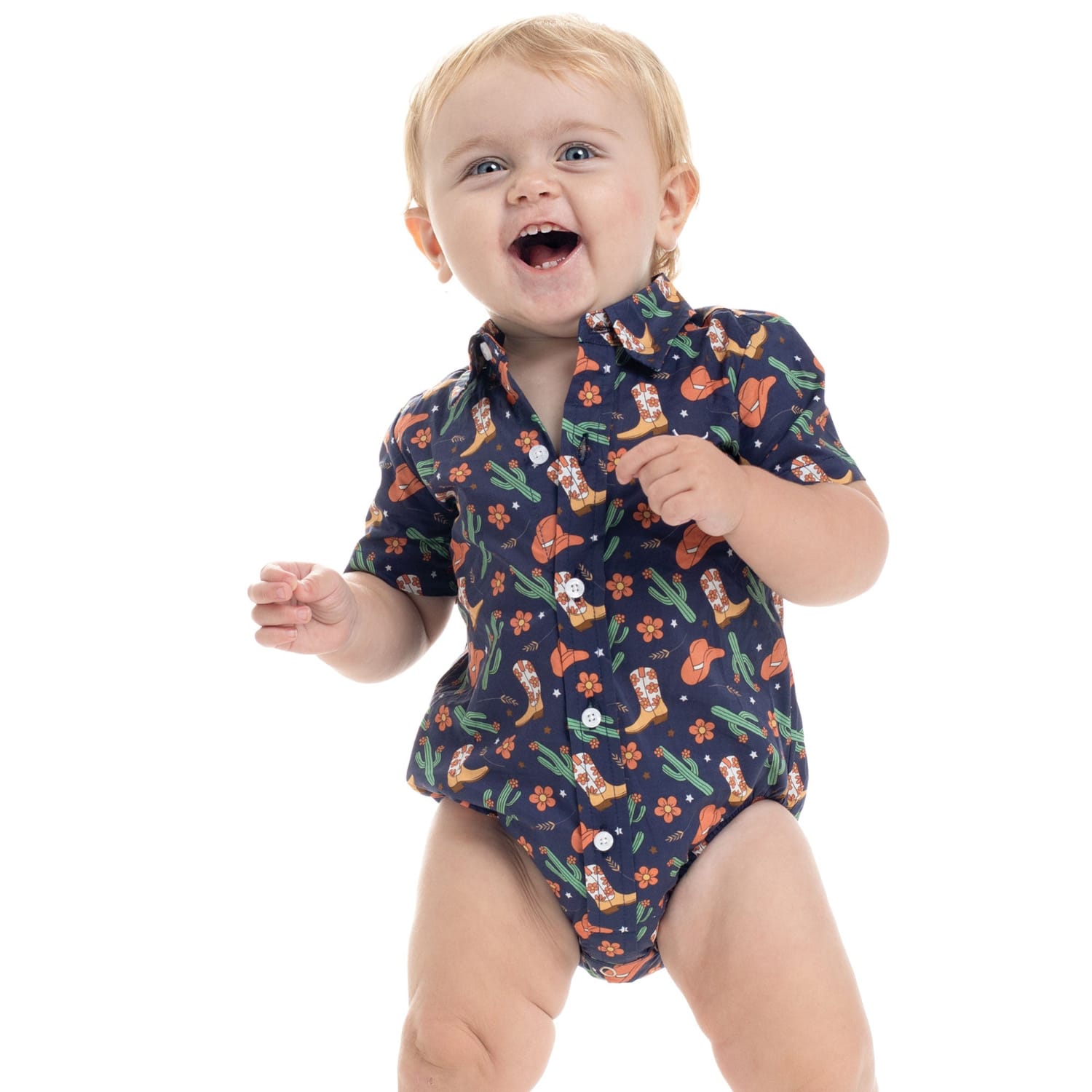 Just Country Kids Shirts 0 / Navy Western Boots Just Country Jumpsuit Infant Frankie Full Button Print