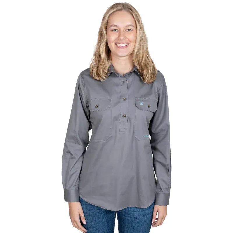 Just Country Womens Shirts 08 / Steel Grey Just Country Workshirt Womens Jahna Half Button