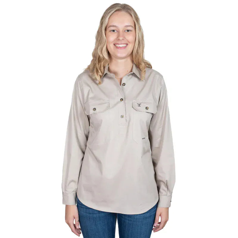 Just Country Womens Shirts 08 / Stone Just Country Workshirt Womens Jahna Half Button