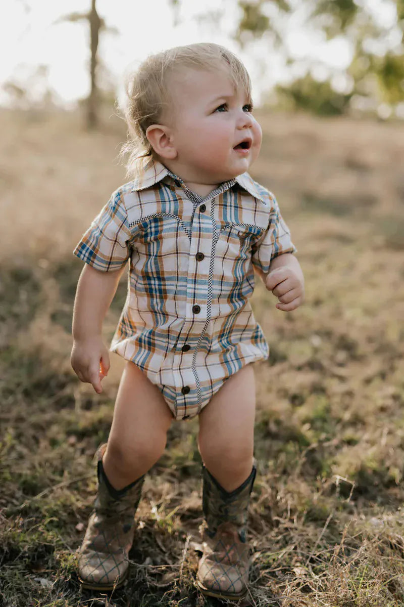 Little Windmill Kids Shirts 06-12 Months / Tan Little Windmill Romper Boys Dallas Check