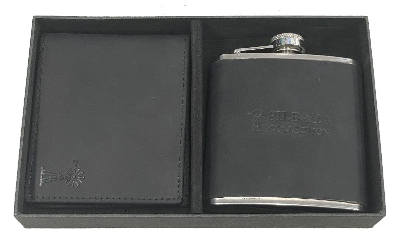 Pilbara Gifts & Homewares Black Pilbara Gift Set Leather Wallet & Hip Flask