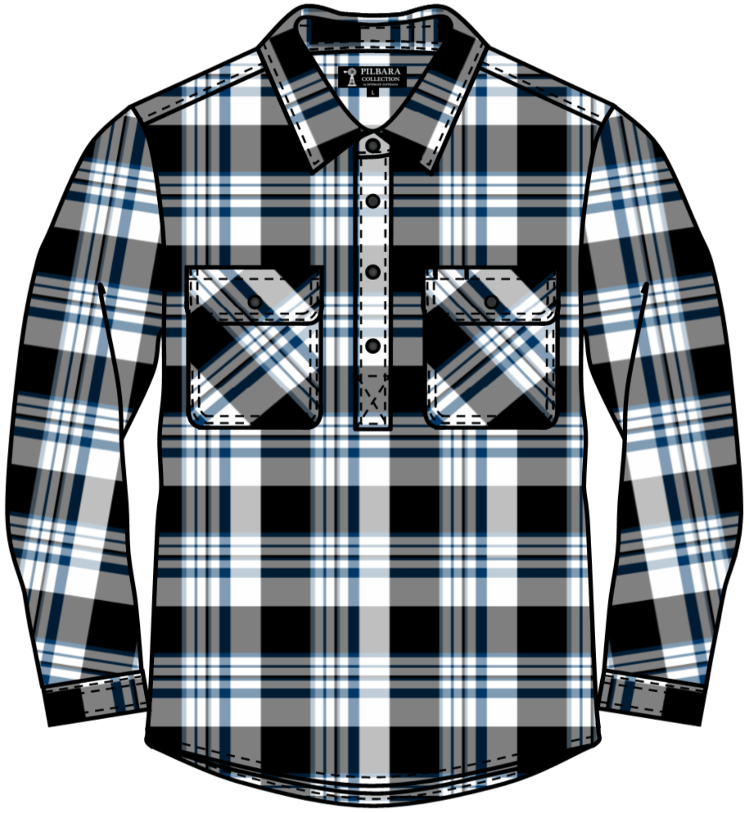 Pilbara Mens Shirts S / Black/White/Slate Blue Pilbara Shirt Mens Flannelette Half Button