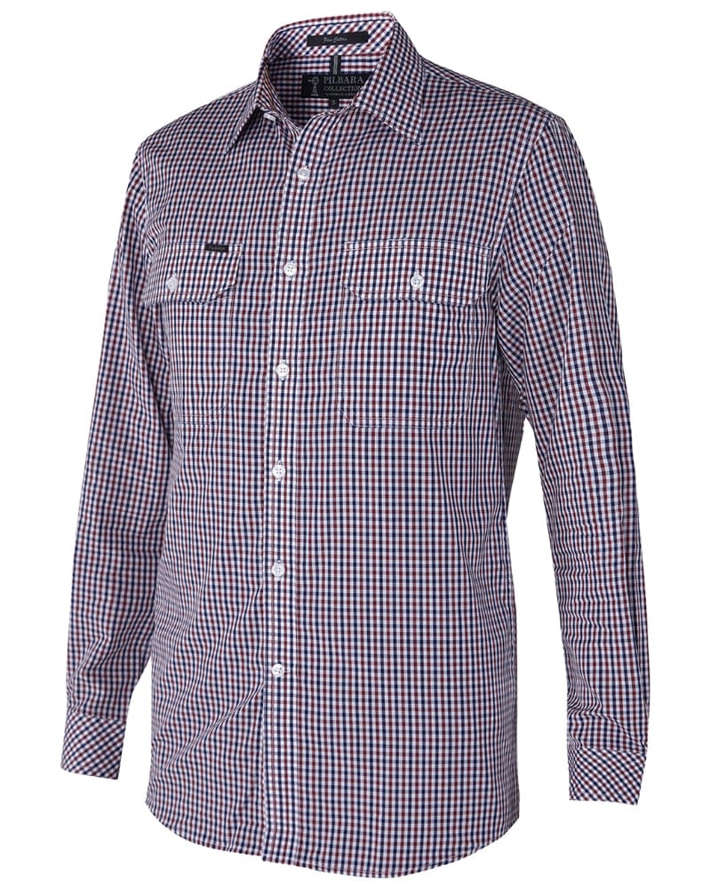 Pilbara Mens Shirts S / Maroon/Navy/White Pilbara Shirt Mens Dual Pocket Check