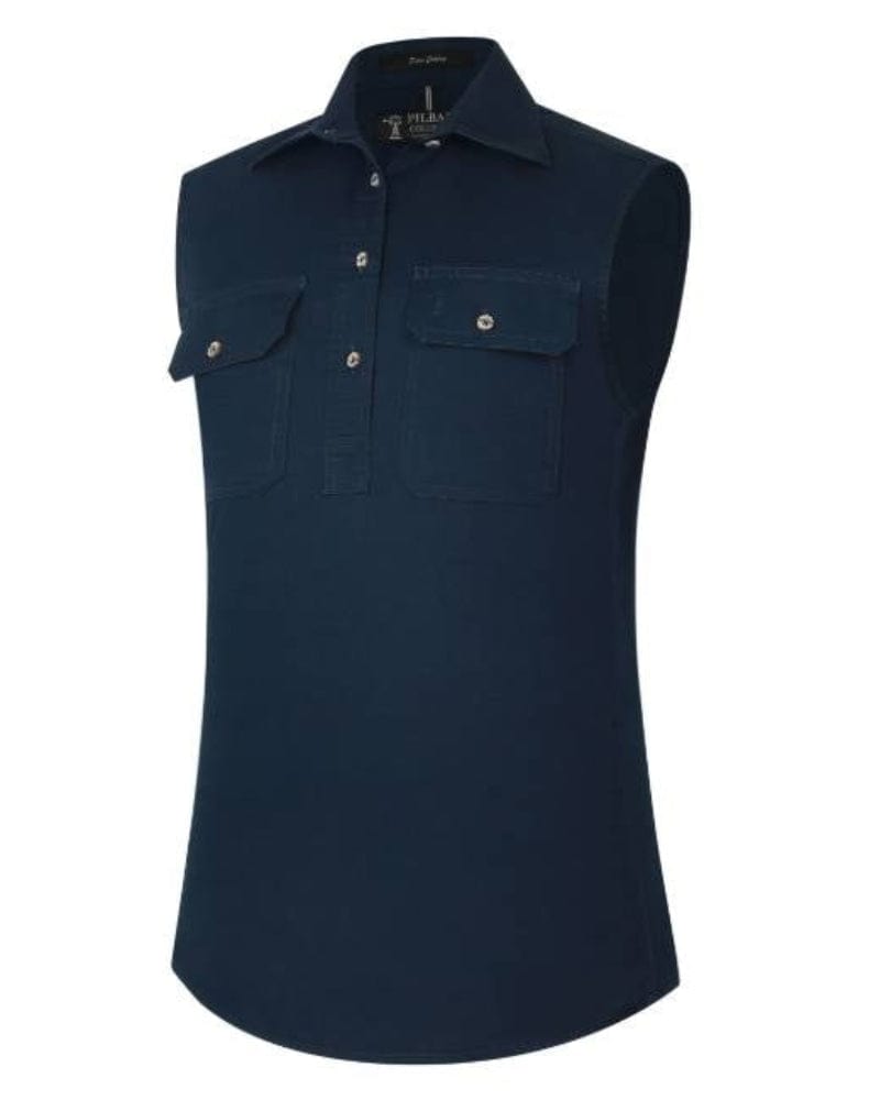 Pilbara Womens Shirts 06 / Navy Pilbara Workshirt Womens Sleeveless Half Button