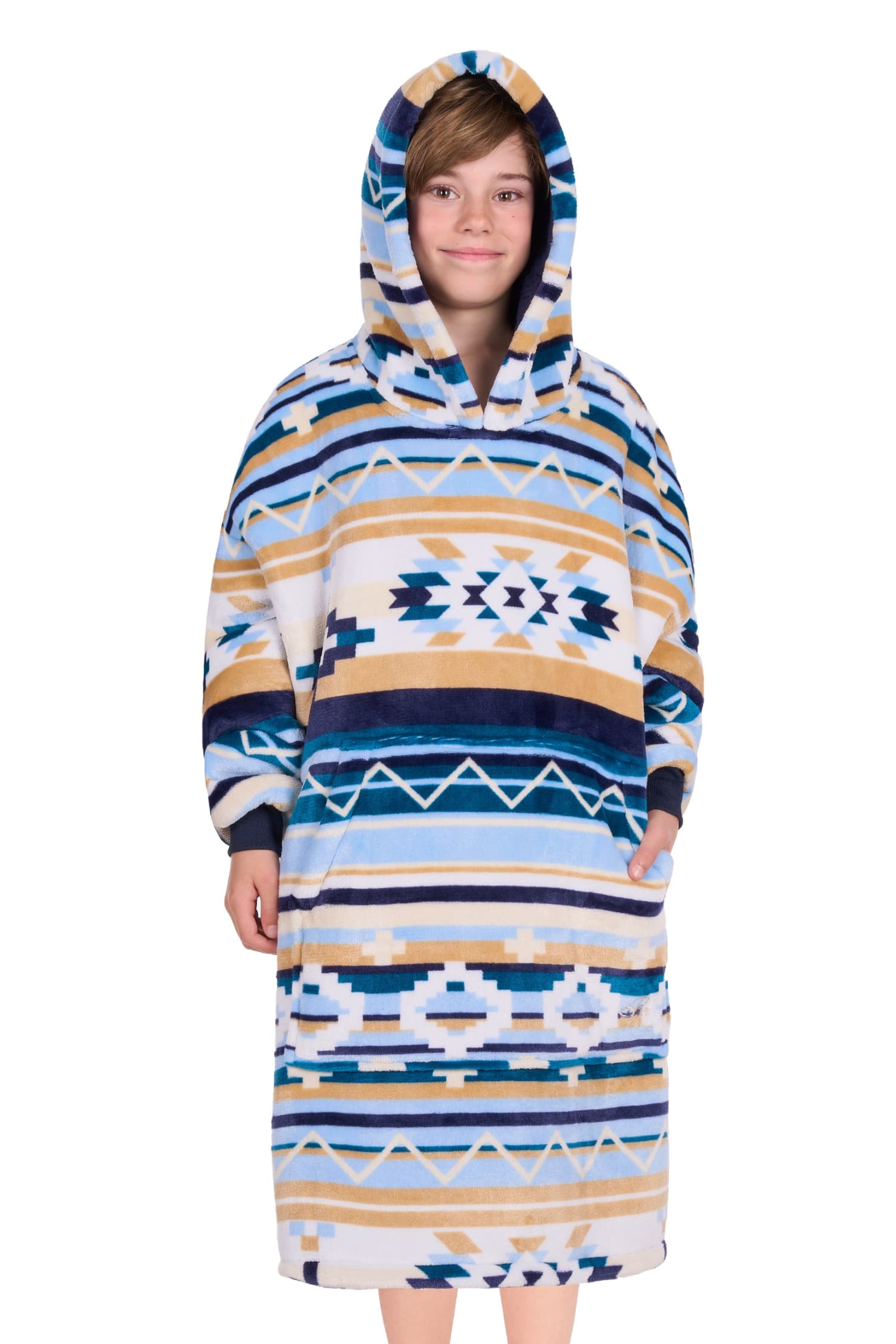Pure Western Kids Jumpers- Jackets - Vests Natural/Blue Pure Western Snuggle Hoodie Kids Aztec