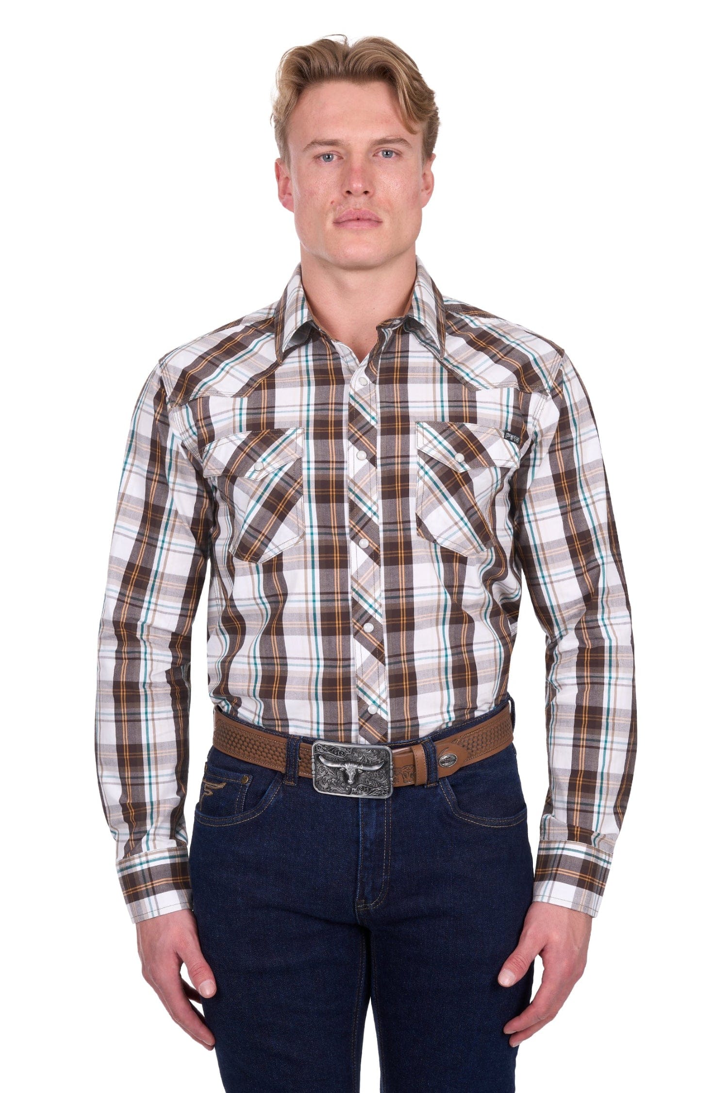 Pure Western Mens Shirts S / Dark Tan/White Pure Western Shirt Mens Roger