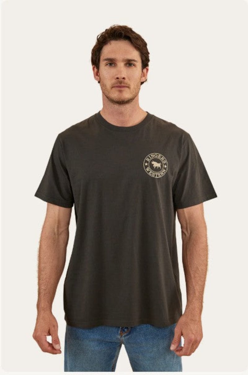 Ringers Western Mens Shirts S / Charcoal/Dark Sand Ringers Western Tee Mens Signature Bull Loose Fit