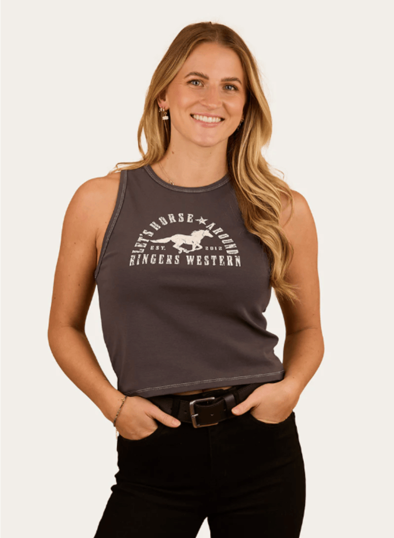 Ringers Western Womens Shirts 08 / Washed Black Ringers Western Tank Top Womens Lets Horse Around