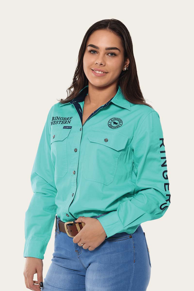 Ringers Western Womens Shirts 10 / Mint/Navy Ringers Western Workshirt Womens Signature Jillaroo Half Button