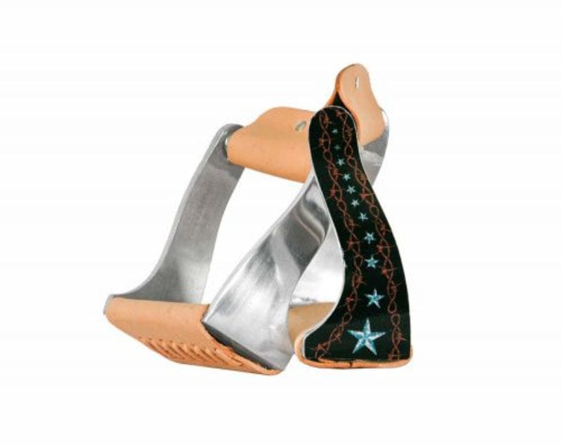 Showman ® Lightweight twisted angled aluminum stirrups with barbwire star design.