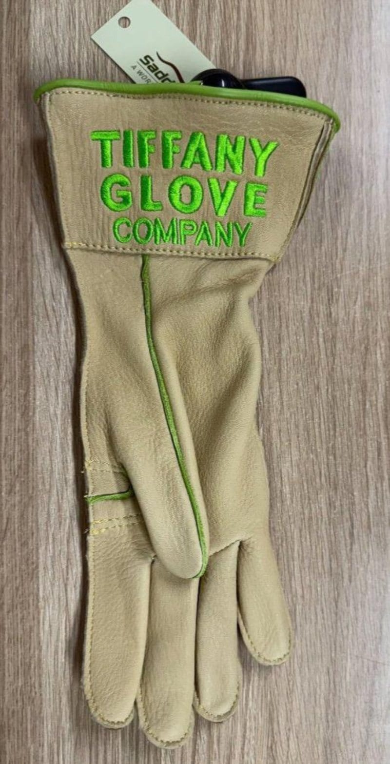 Tiffany Gloves Rodeo Equipment 07 / Cream/Green Tiffany Gloves Bull Riding Right Handed Long Cuff with Logo