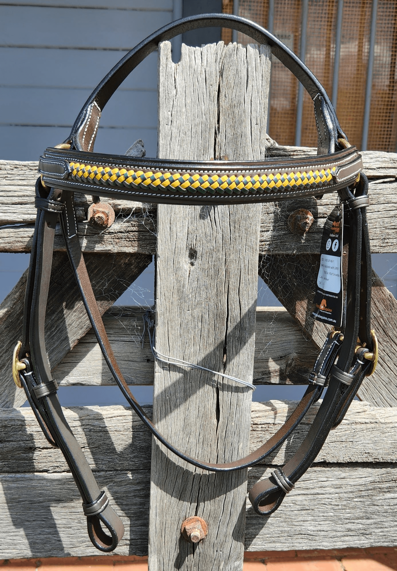 Top Rail Equine Bridles Cob Toprail Bridle Brown with Green Yellow Plait (HS-001-GY-HB)