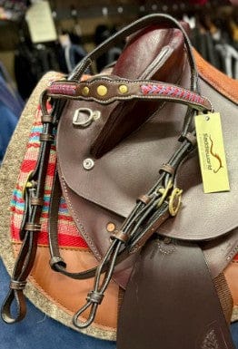 Toprail Bridles Cob / Havana Brown Toprail Bridle with Red/Blue Plait with 3 Studs