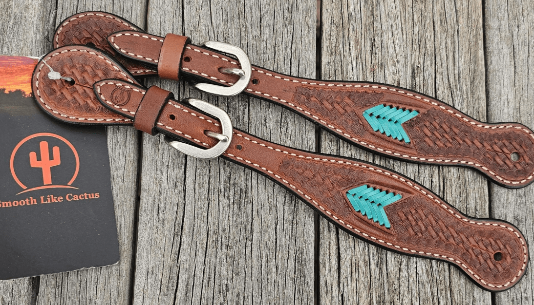 Toprail Equine Spur Straps Ladies Toprail Equine Spur Straps Ladies Tooled and Turquoise Weaving