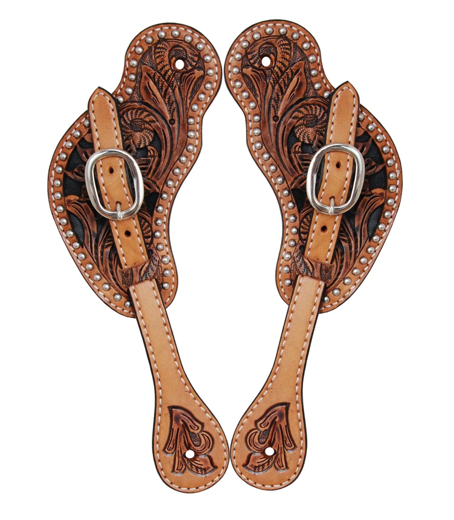 Toprail Equine Spur Straps Mens Toprail Equine Spur Straps Carved with Silver Studs
