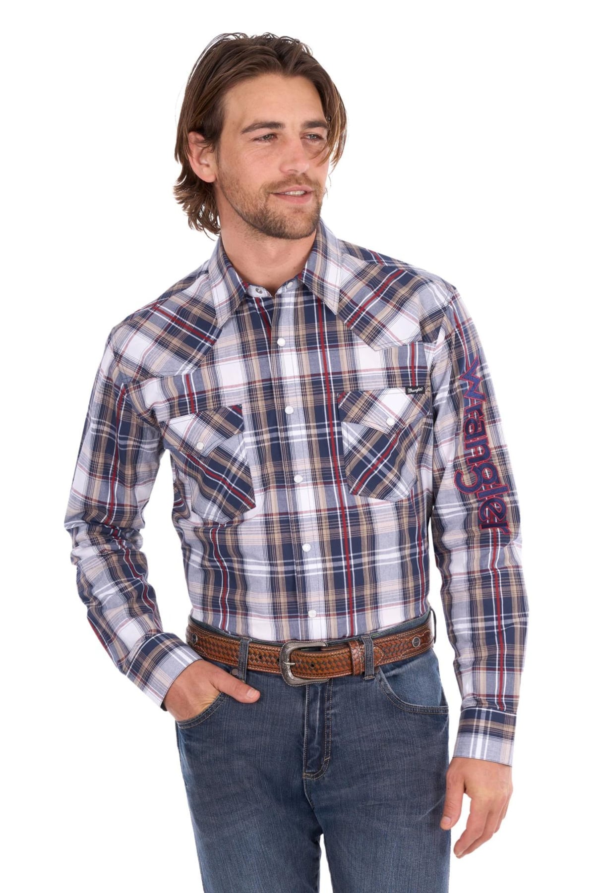 Wrangler Mens Shirts S / Navy/Red Wrangler Shirt Mens Shaun Logo