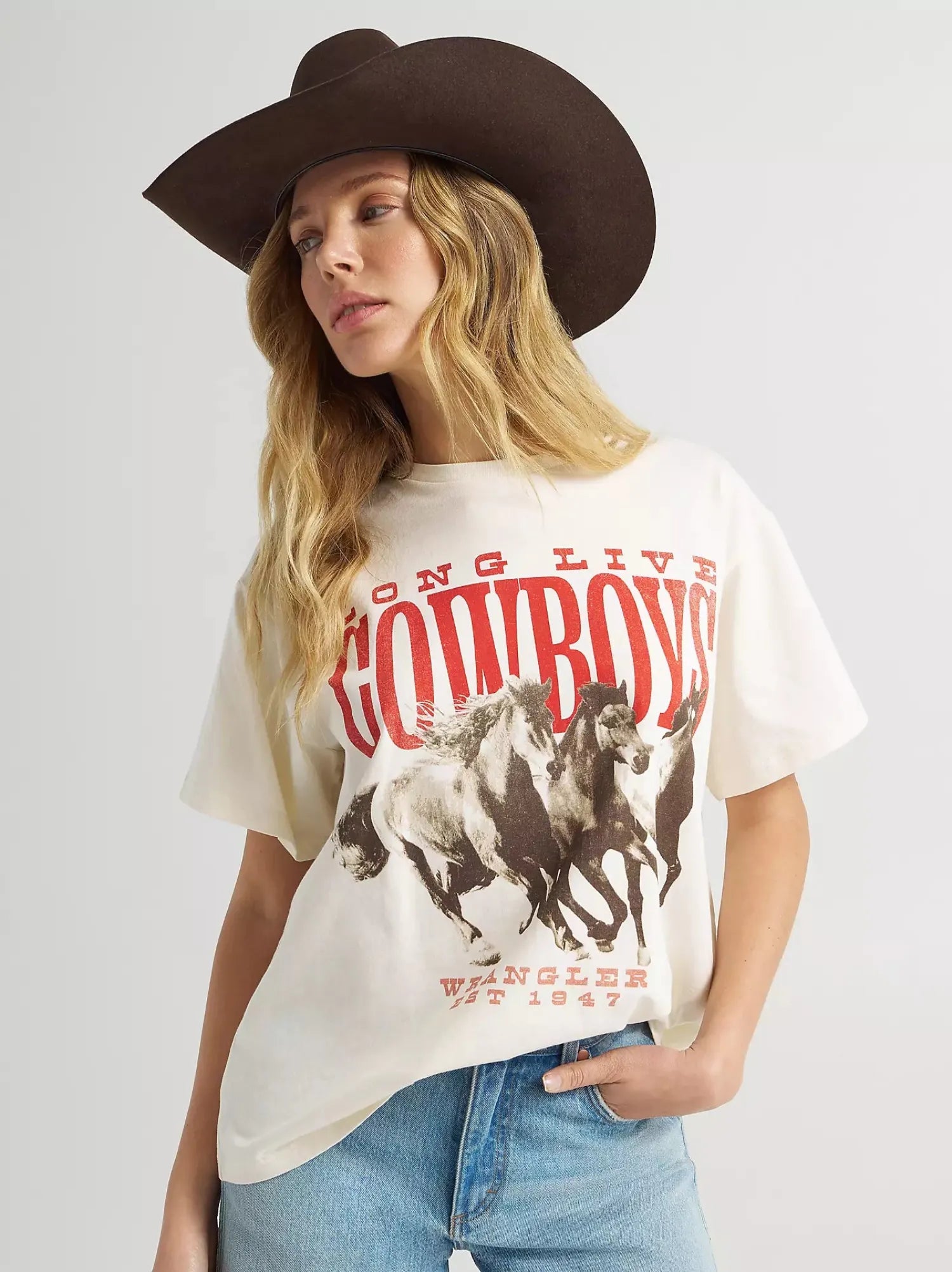 Wrangler Womens Shirts XS / Cream Wrangler Tee Womens Long Live Cowgirls Girlfriend Fit