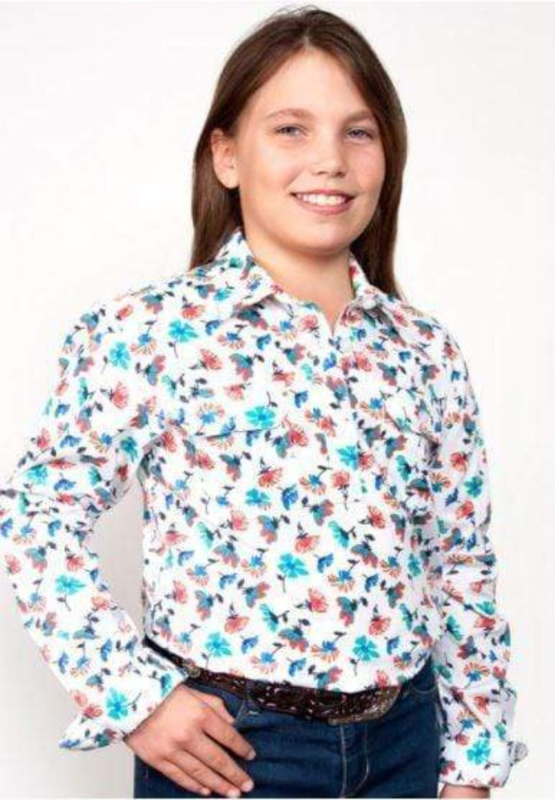Just Country Kids Shirts XS Just Country Girls Harper Workshirt White Flowers